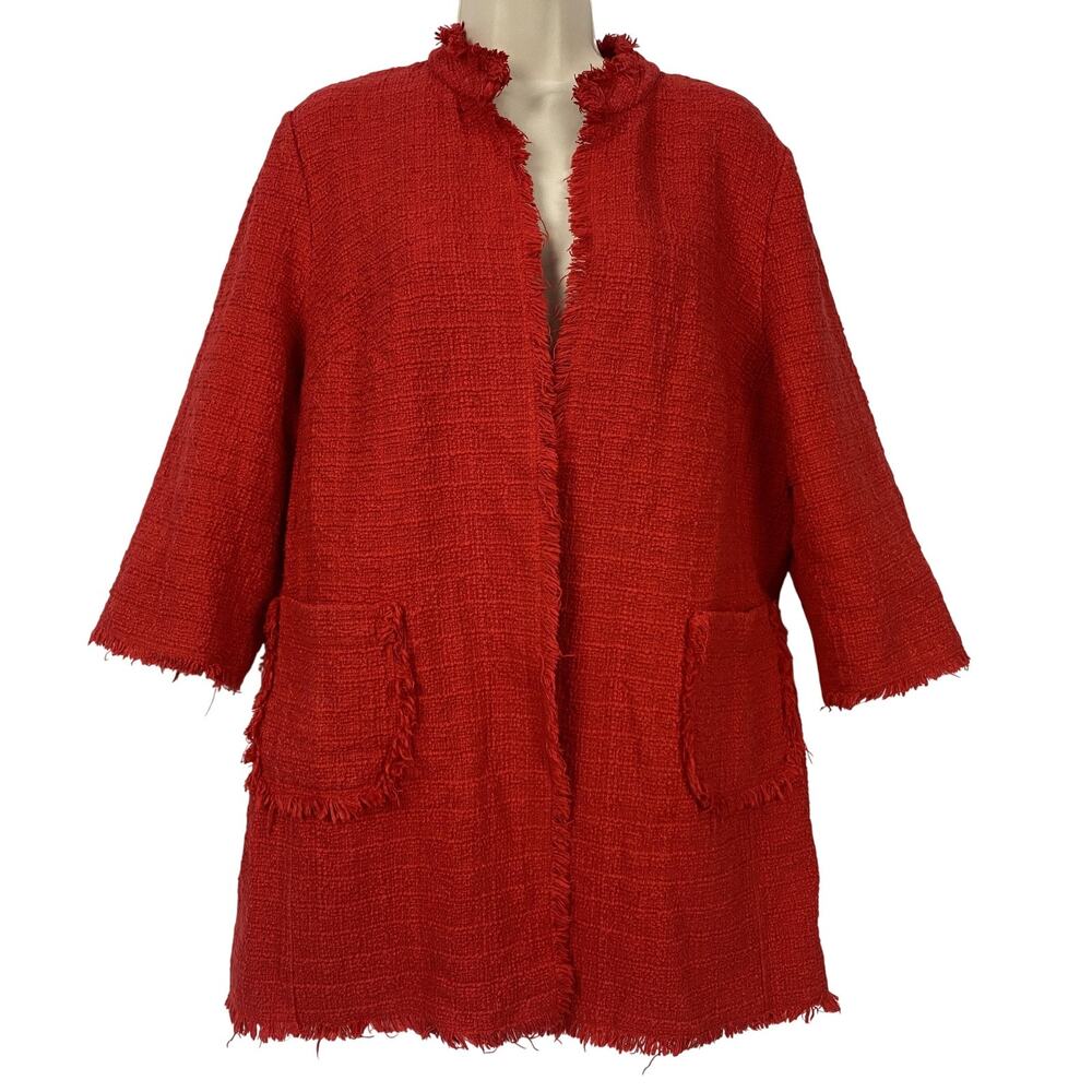 Chicos Coatigan Jacket Size 3P Red Fringe Tweed Open Front Pockets Petite XL‎ 1X